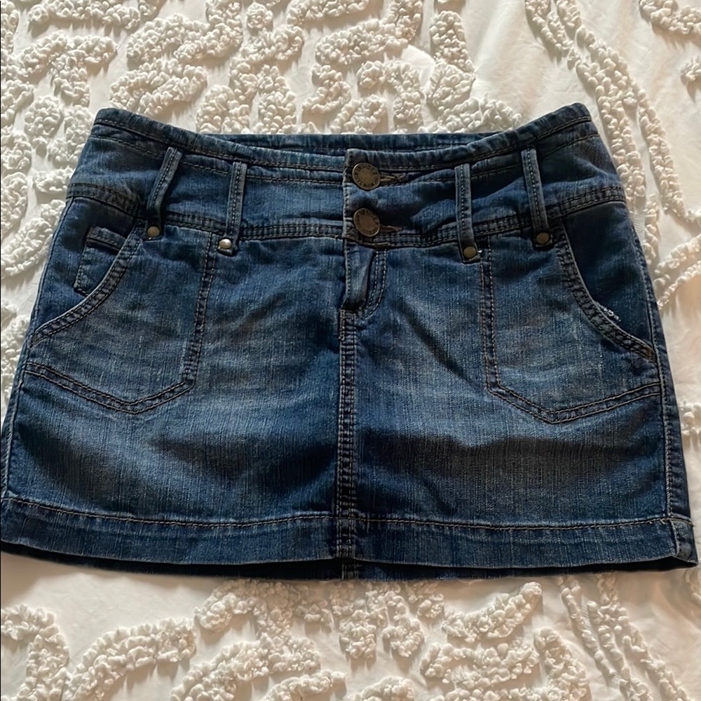 Dark Blue Denim Mini Skirt with Double-Button Waist